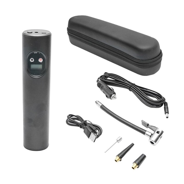 Compresor aer portabil negru 12,4V baterie 6000Am reincarcabila, cu accesorii