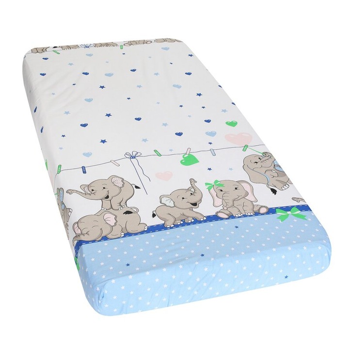 Cearceaf Prichindel, patut 120x60 cm, Elefanti albastri sir