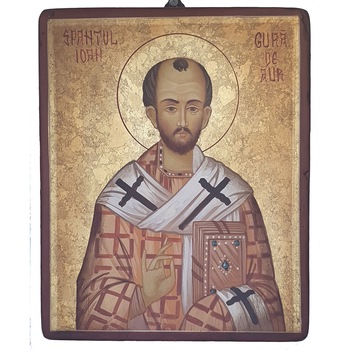 Icoana pictata pe lemn Sf. Ioan Gura de Aur, Artizanat Opait, 14x10cm Icoana pictata pe lemn Sf. Ioan Gura de Aur, Artizanat Opait, 14x10cm