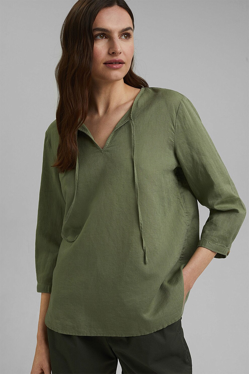 Esprit, Bluza din amestec de in cu maneci 3/4, Verde inchis