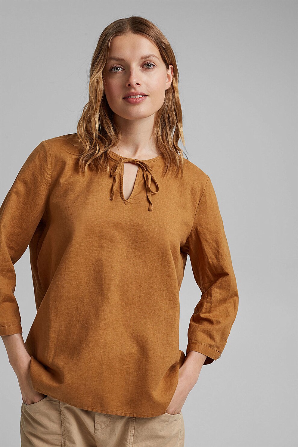 Esprit, Bluza din amestec de in cu maneci 3/4, Scortisoara