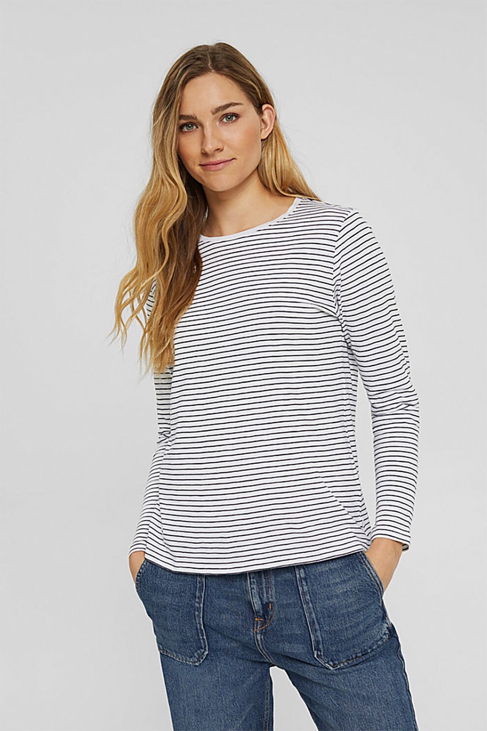 EDC by Esprit, Bluza din bumbac organic cu model in dungi, Alb/Negru, XS