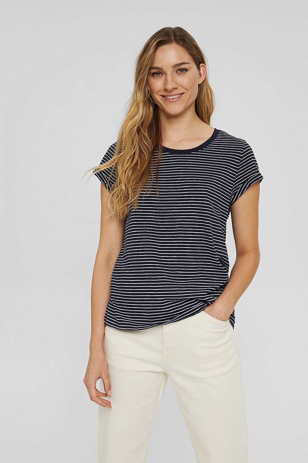 EDC by Esprit, Tricou din bumbac organic cu model in dungi, Negru/Alb