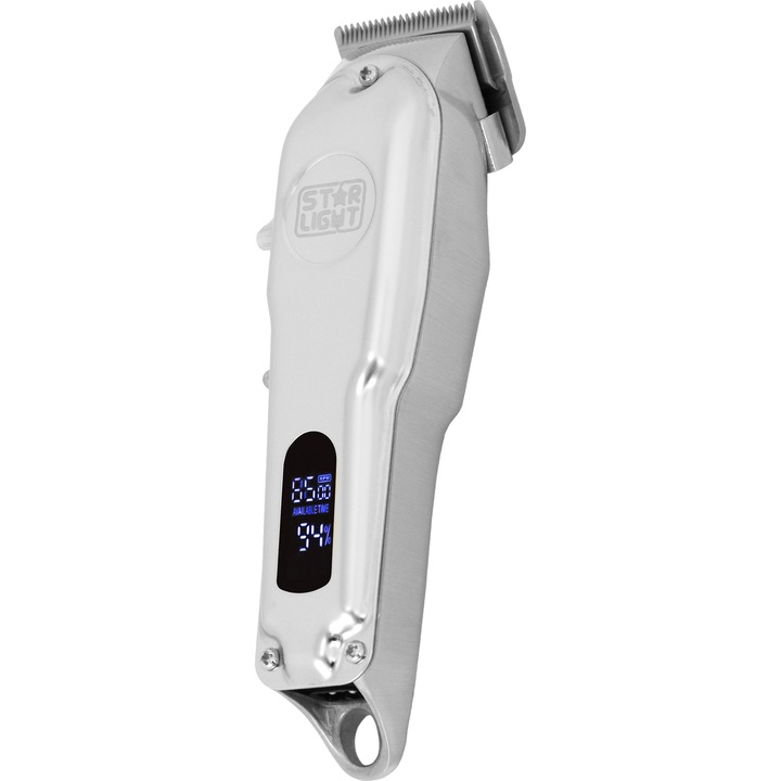 Aparat de tuns Star-Light PRO HCL-1500DSS, Display LED, 1500 mAh, Lame otel inoxidabil, 6500 RPM, Carcasa Aluminiu, Argintiu