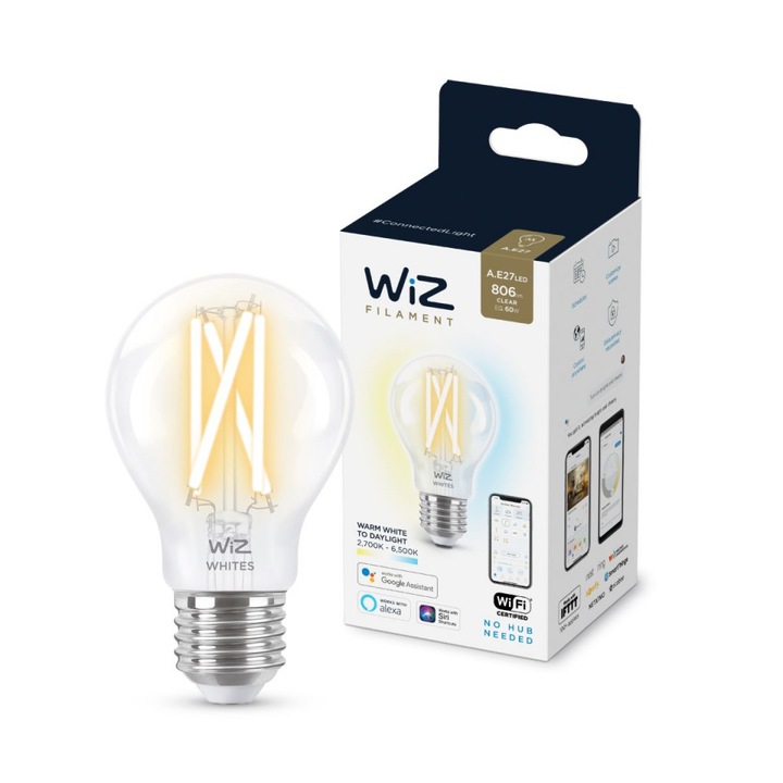 WiZ smart vintage LED izzó, A60 alakú, Wi-Fi, E27 foglalat, 6,7 W (60 W), 806 lm, állítható fényhőmérséklet (2700K-6500K), kompatibilis a Google Assistant / Alexa / Siri készülékkel