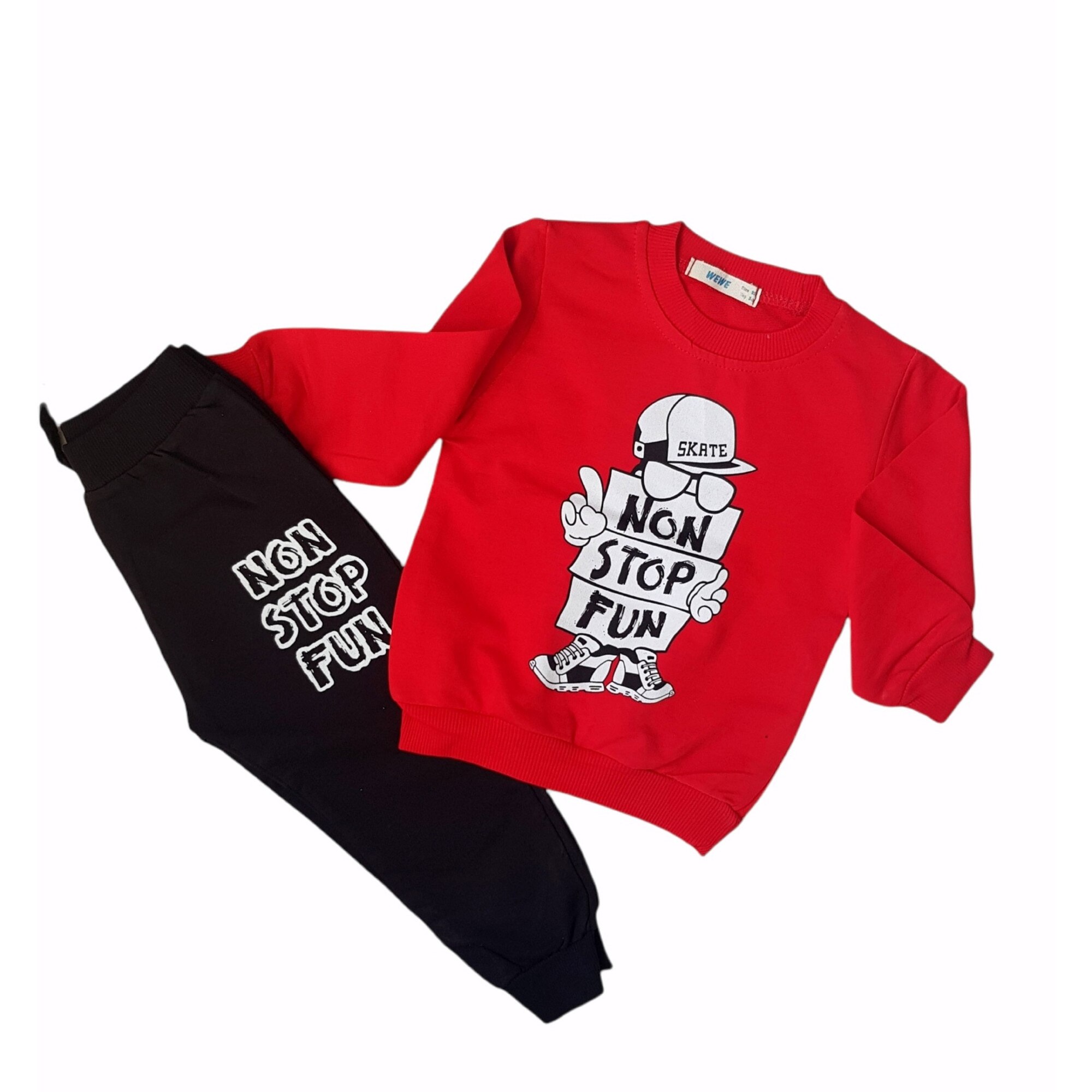 Compleu casual 2 piese din bumbac, Non stop fun, Rosu/Albastru