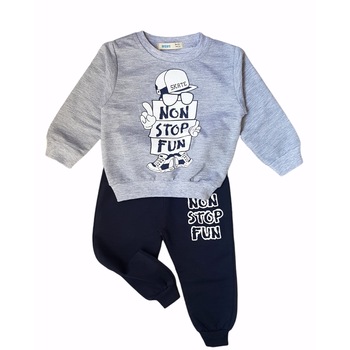 Compleu casual 2 piese din bumbac, Non stop fun, Gri/Albastru Compleu casual 2 piese din bumbac, Non stop fun, Gri/Albastru