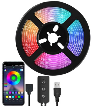Banda LED RGB 5050, YWX®, 2 Metri, Sync Music, Bluetooth APP, 16 milioane de culori, luminozitate reglabila, 3 Control Buton, IP65, pentru Iluminare Ambientala TV/PC Banda LED RGB 5050, YWX®, 2 Metri, Sync Music, Bluetooth APP, 16 milioane de culori, luminozitate reglabila, 3 Control Buton, IP65, pentru Iluminare Ambientala TV/PC