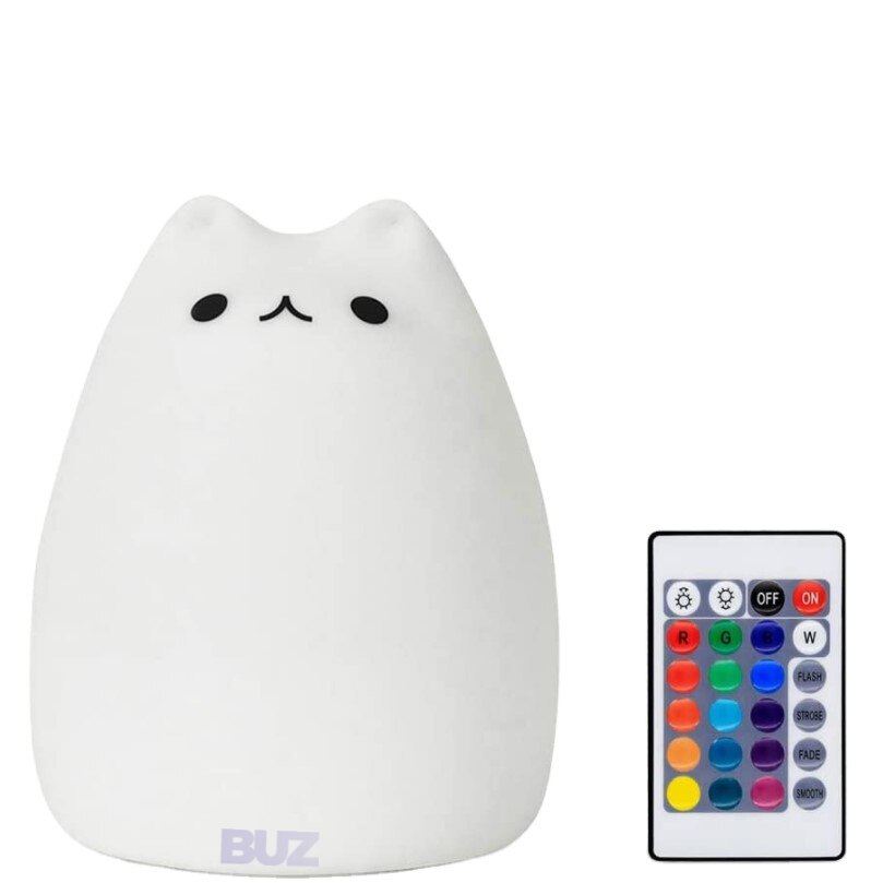 Lampa de veghe LED pisicuta jucausa multicolora din silicon moale, control prin telecomanda, buz