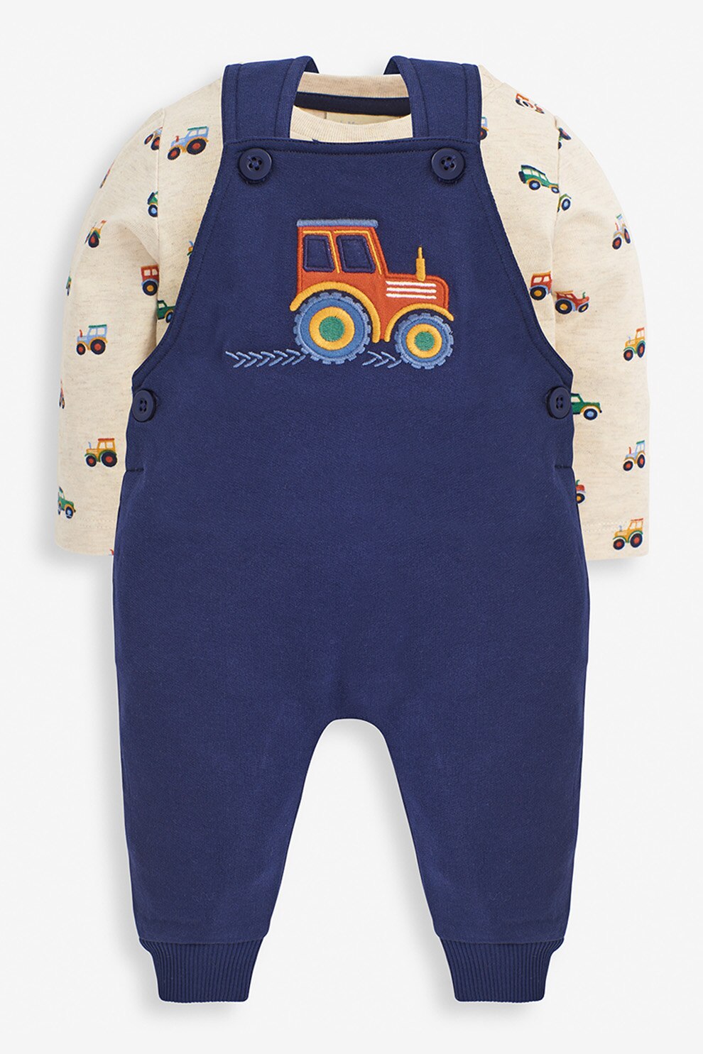 Jojo Maman Bebe, Set de salopeta si bluza cu imprimeu, bleumarin, maro nisip, oranj