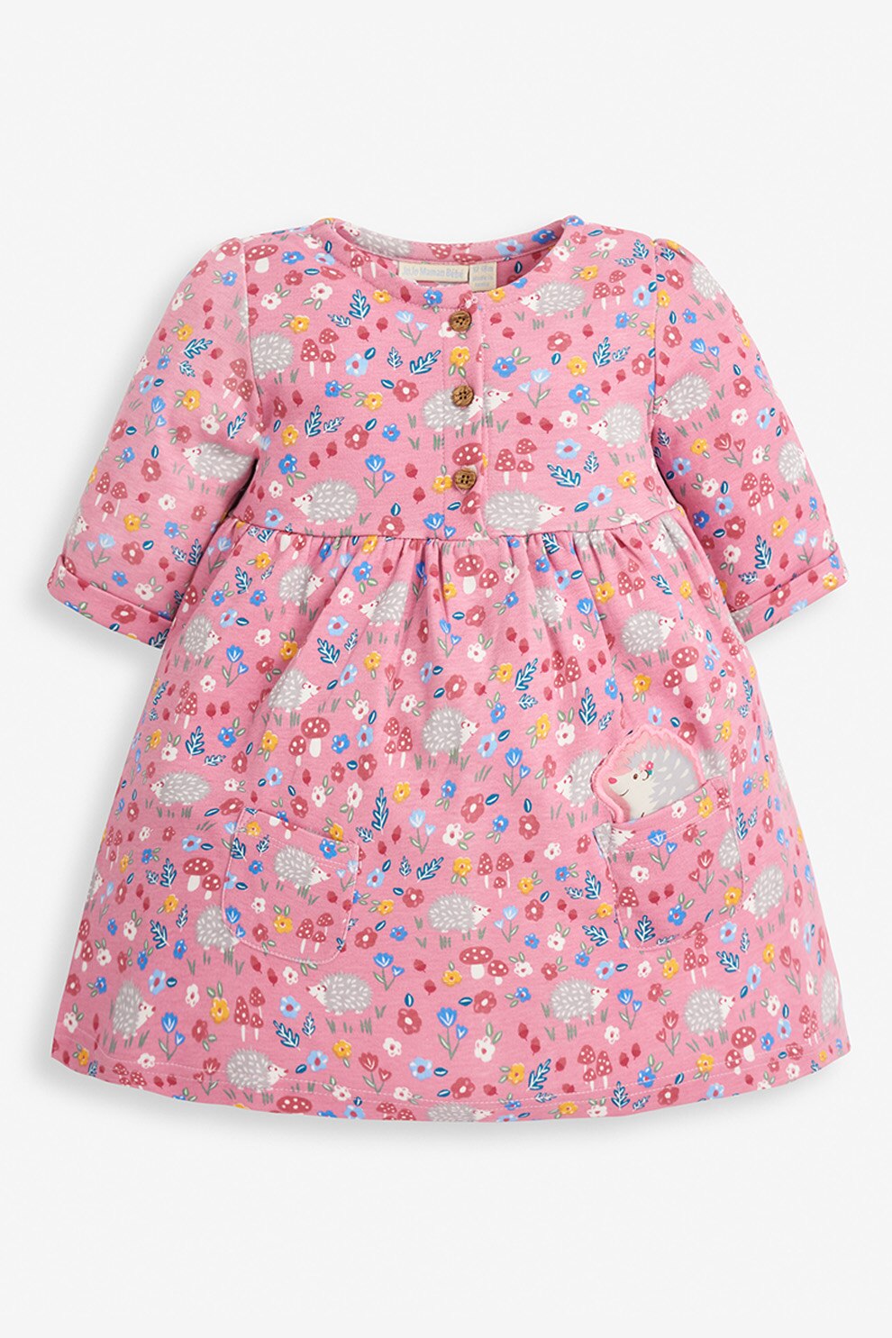 Jojo Maman Bebe, Rochie cu croiala in A, imprimeu si buzunare aplicate, roz, gri cenusa, albastru, 78 CM