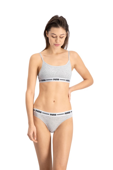 Puma,Set de chiloti tanga cu banda logo in talie - 2 perechi, Gri deschis