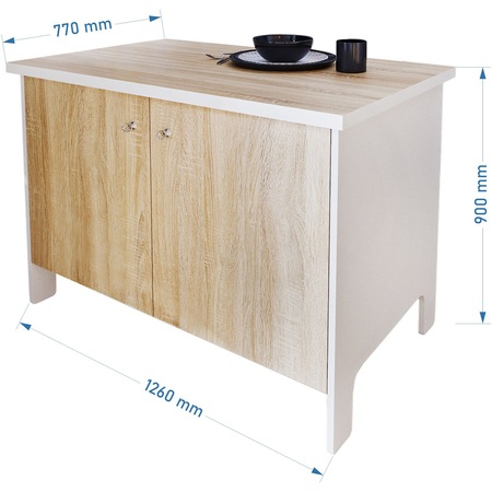 Insula bucatarie Kring Berlin, 126x77x90 cm, cu 2 usi, culoare alb / sonoma