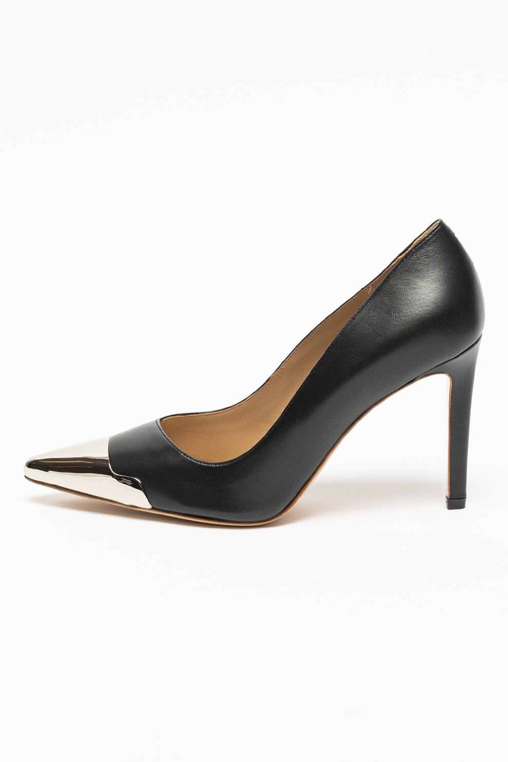 Pinko, Pantofi de piele cu varf metalic Santos, Negru/Argintiu