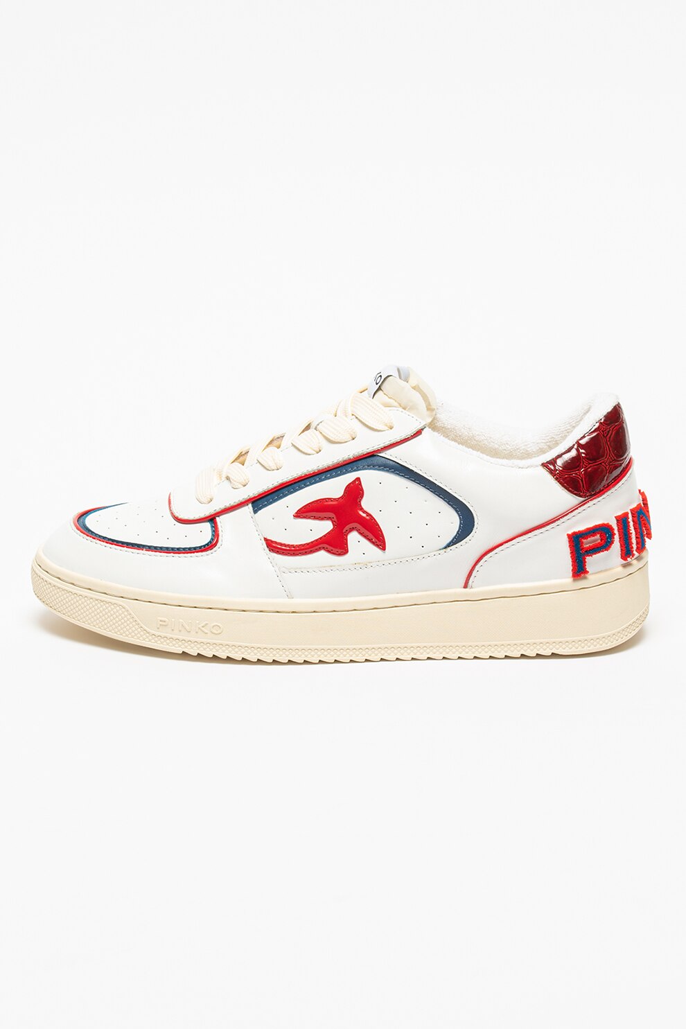 Pinko, Pantofi sport de piele cu logo brodat Brook, Alb/Albastru inchis/Rosu