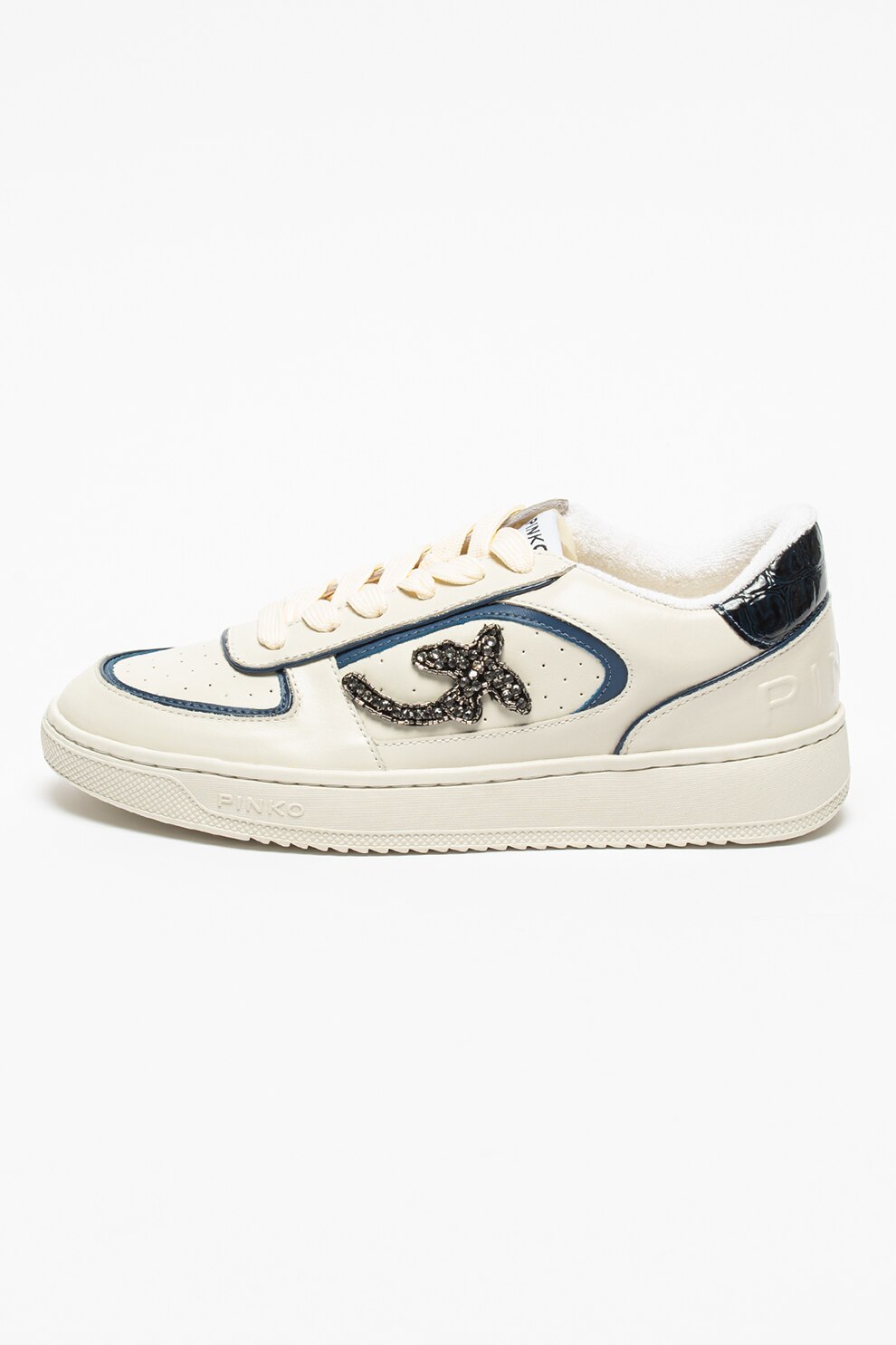 Pinko, Pantofi sport de piele cu strasuri Brook, Alb prafuit/Albastru inchis, 36