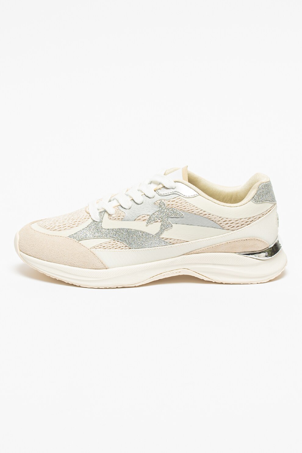 Pinko, Pantofi sport cu garnituri de piele intoarsa Patitz, Crem/Argintiu/Maro nisip