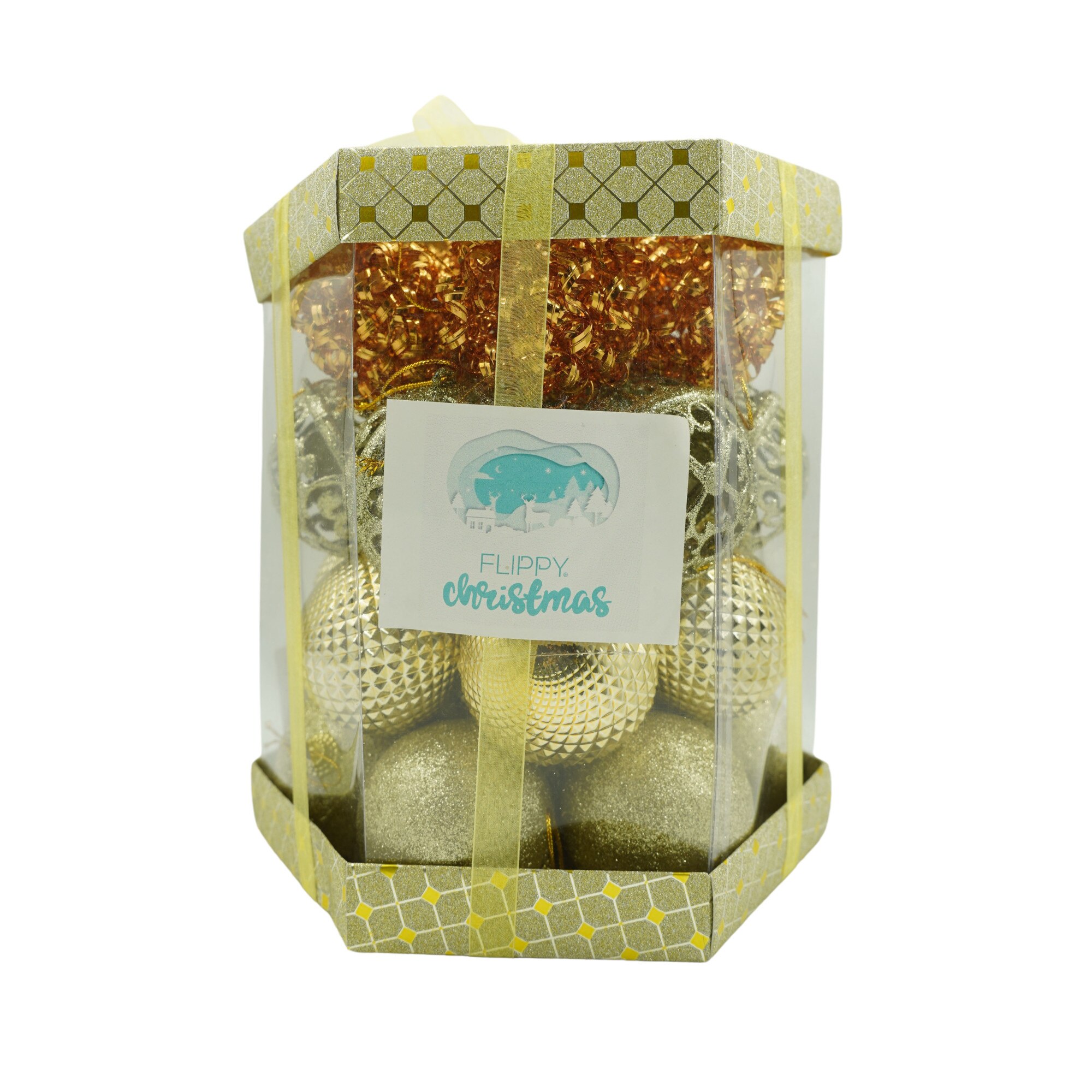 Set de 28 ornamente de brad, Flippy, de tip Glob, Cupru/ Auriu, din polistiren, cu finisaj sclipitor , cutie 18 cm adancime x 22 cm inaltime x 18 cm lungime