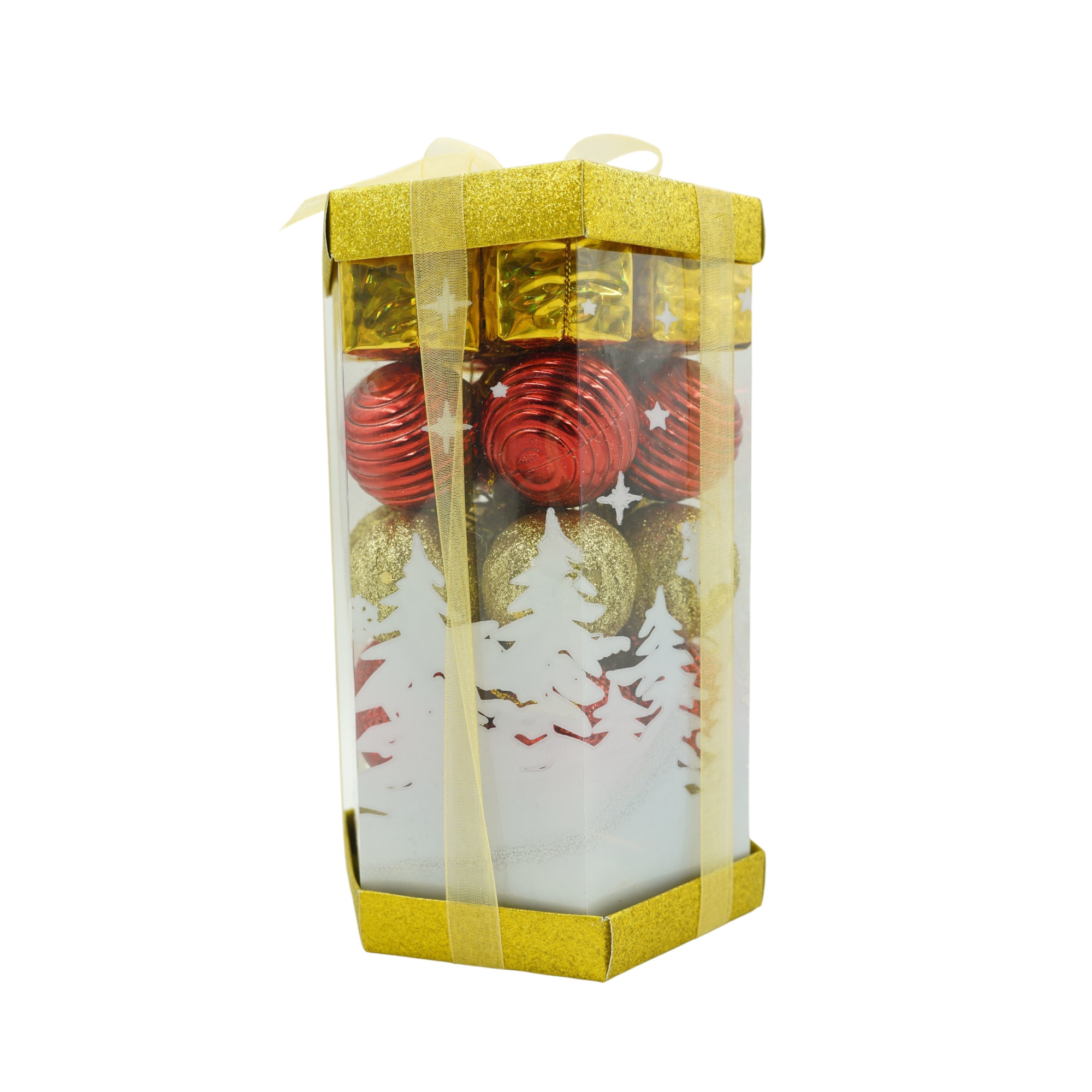 Set de 35 ornamente de brad, Flippy, tip Glob, Rosu/ Auriu, din polistiren, cu finisaj sclipitor