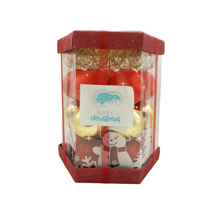 Set de 28 ornamente de brad, Flippy, de tip Glob, Rosu/ Auriu, din polistiren, cu finisaj sclipitor , cutie 18 cm adancime x 22 cm inaltime x 18 cm lungime