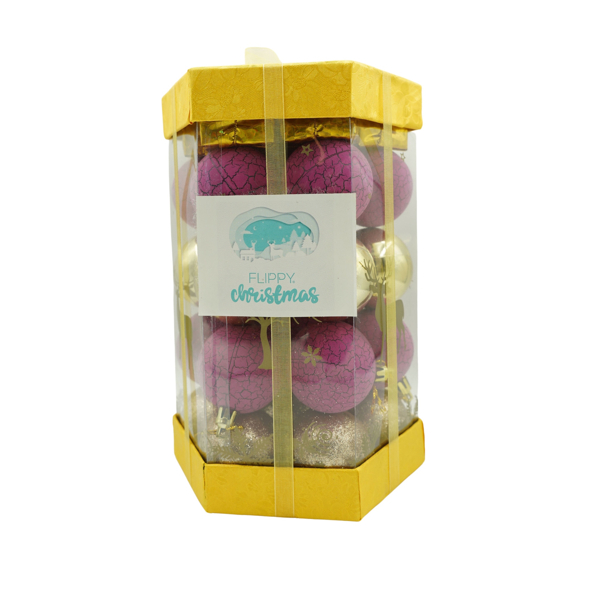 Set de 35 ornamente de brad, Flippy, de tip Glob, Auriu/ Mov, din polistiren, cu finisaj sclipitor , cutie 14 cm adancime x 23 cm inaltime x 14 cm lungime