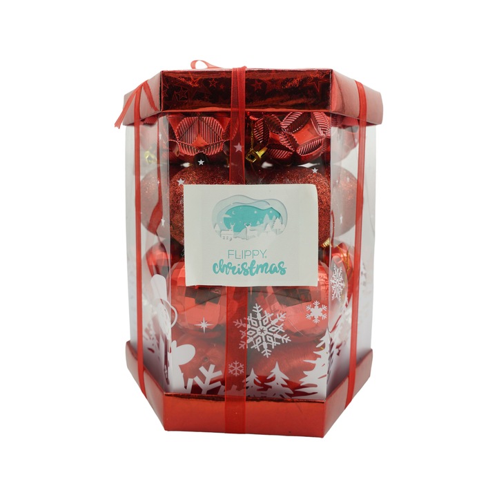 Set de 28 ornamente de brad, Flippy, de tip Glob, Rosu, din polistiren, cu finisaj sclipitor , cutie 18 cm adancime x 22 cm inaltime x 18 cm lungime