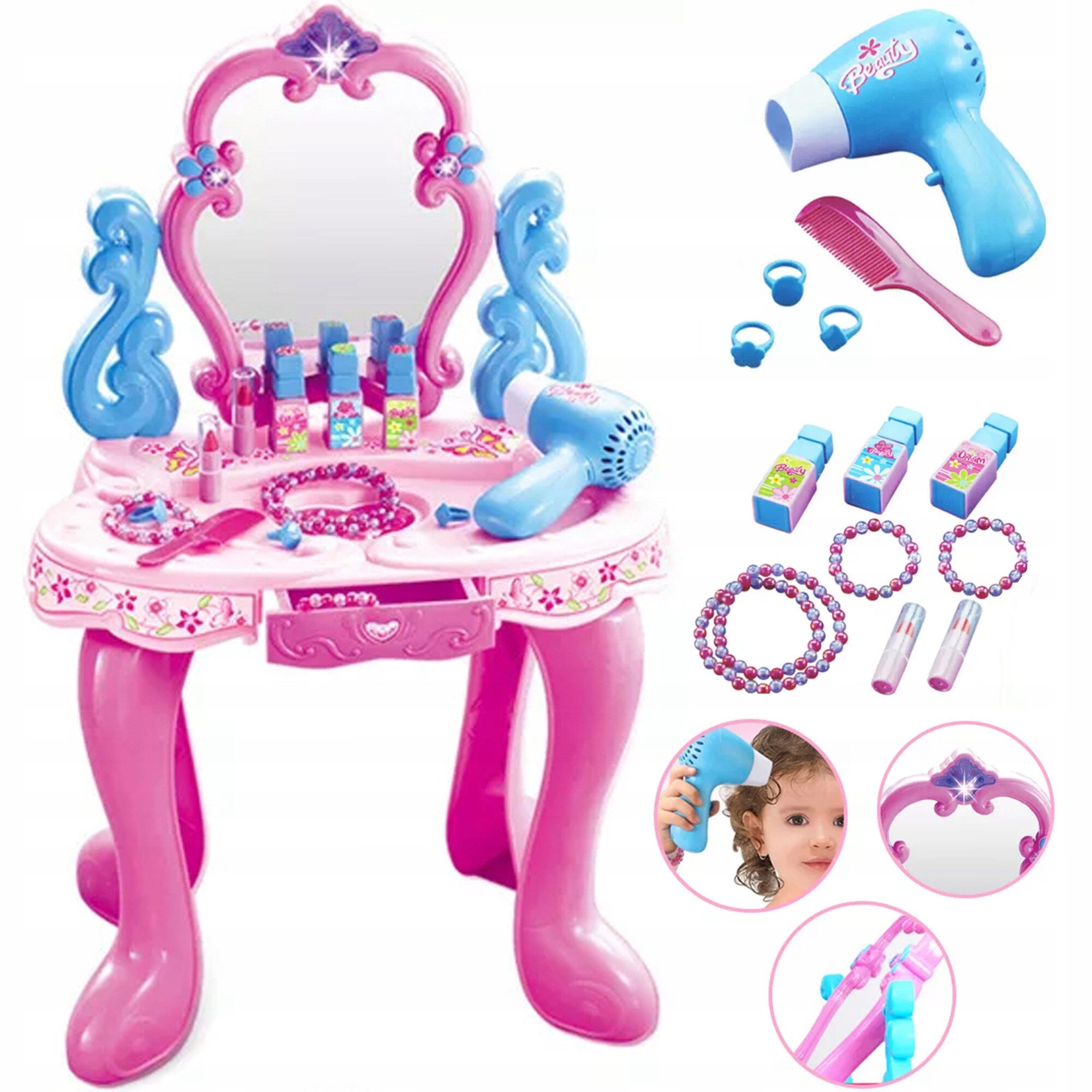Set masa de toaleta, Accesorii, Sunete muzicale, Uscator, Plastic, Roz