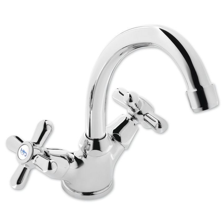 Baterie baie pentru lavoar DacEnergy©, material alama, montaj stativ, dubla comanda, racord flexibil, sistem de fixare, finisaj cromat