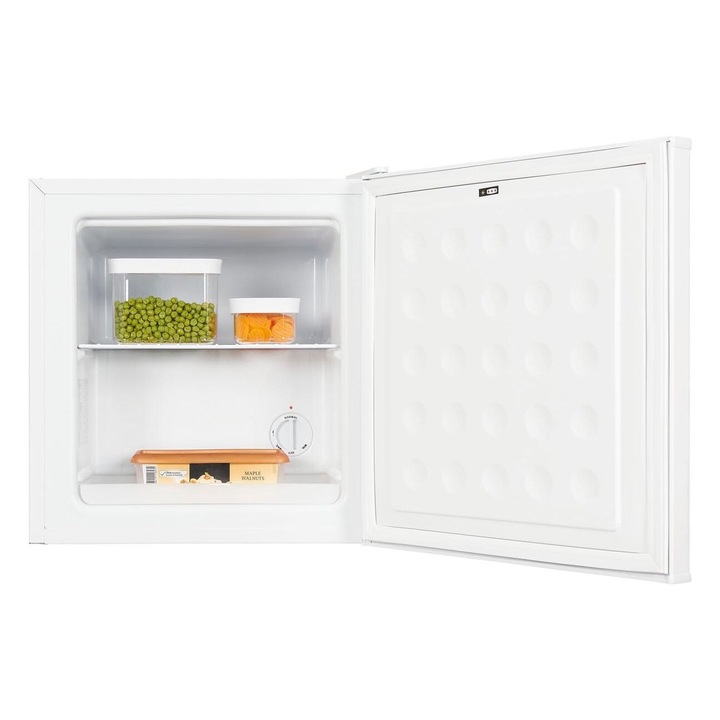 Mini congelator Exquisit, capacitate 31 litri, H 50 cm, congelare 4 stele, ideal pentru birou/hotel/rulota, temperatura ajustabila, 2 compartimente, usa reversibila, picioare ajustabile, design compact, alb