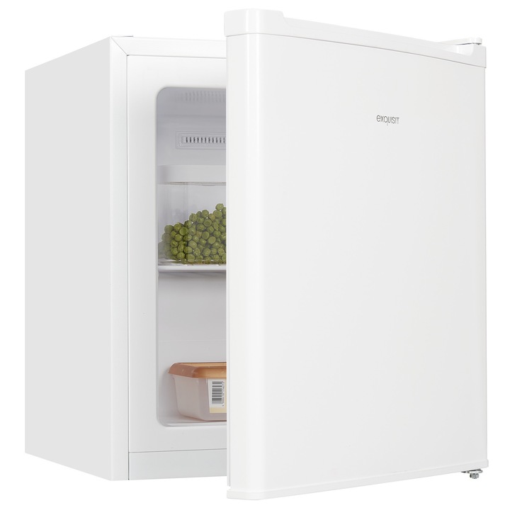 Mini congelator Exquisit, capacitate 31 litri, H 50 cm, congelare 4 stele, ideal pentru birou/hotel/rulota, temperatura ajustabila, 2 compartimente, usa reversibila, picioare ajustabile, design compact, alb
