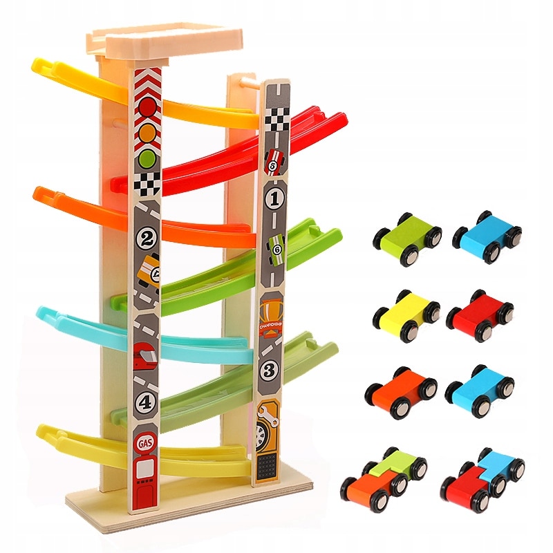 Pista de masini, 7 Niveluri, 8 Masini, Lemn, Multicolor