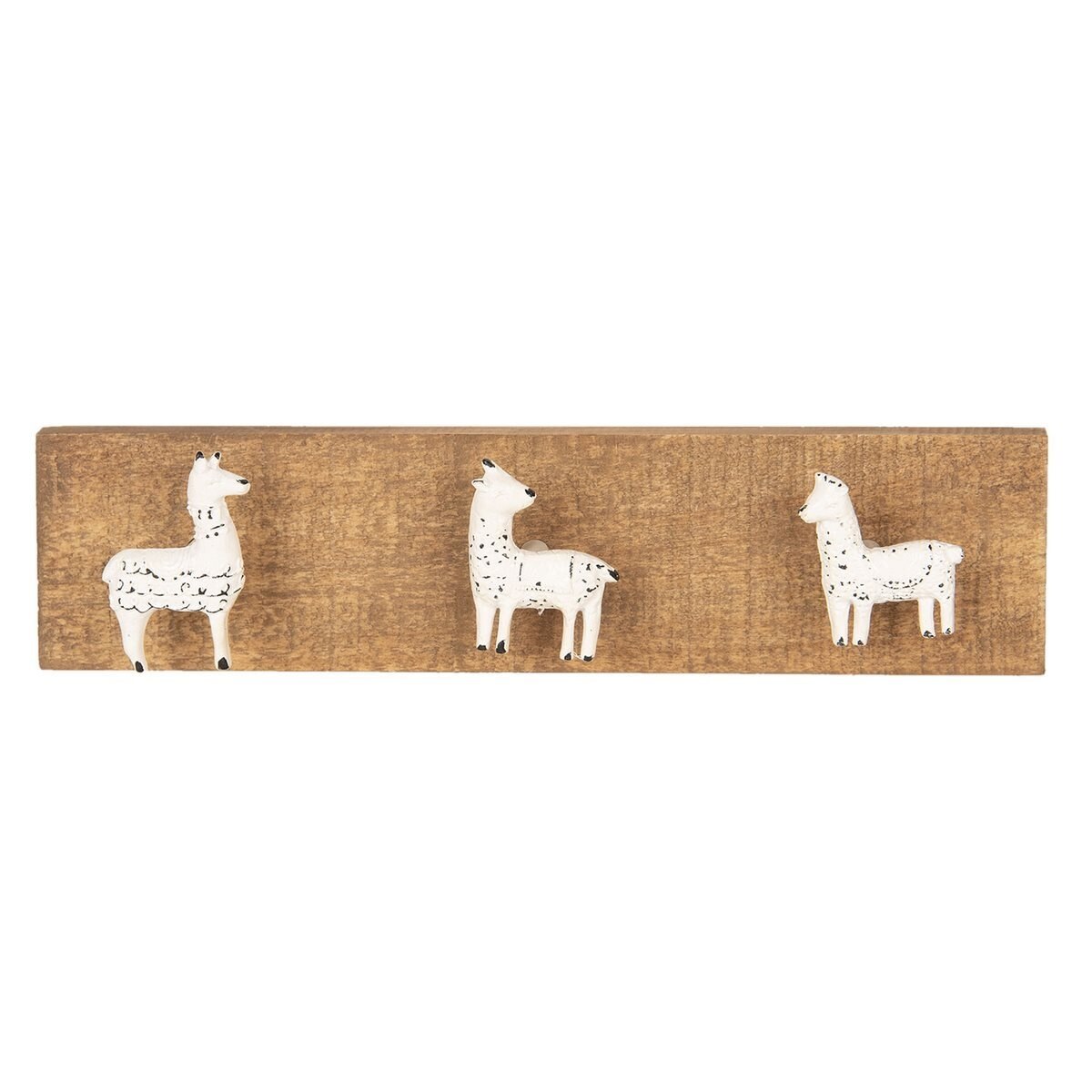 Cuier de perete din lemn maro cu 3 agatatori din fier alb antichizat 30 cm x 4 cm x 7 h