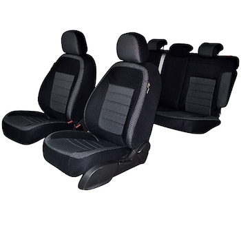 Set Huse auto, Dacia Sandero Stepway, 2008 - 2012, bancheta fractionata, culoare Negru/Gri Set Huse auto, Dacia Sandero Stepway, 2008 - 2012, bancheta fractionata, culoare Negru/Gri