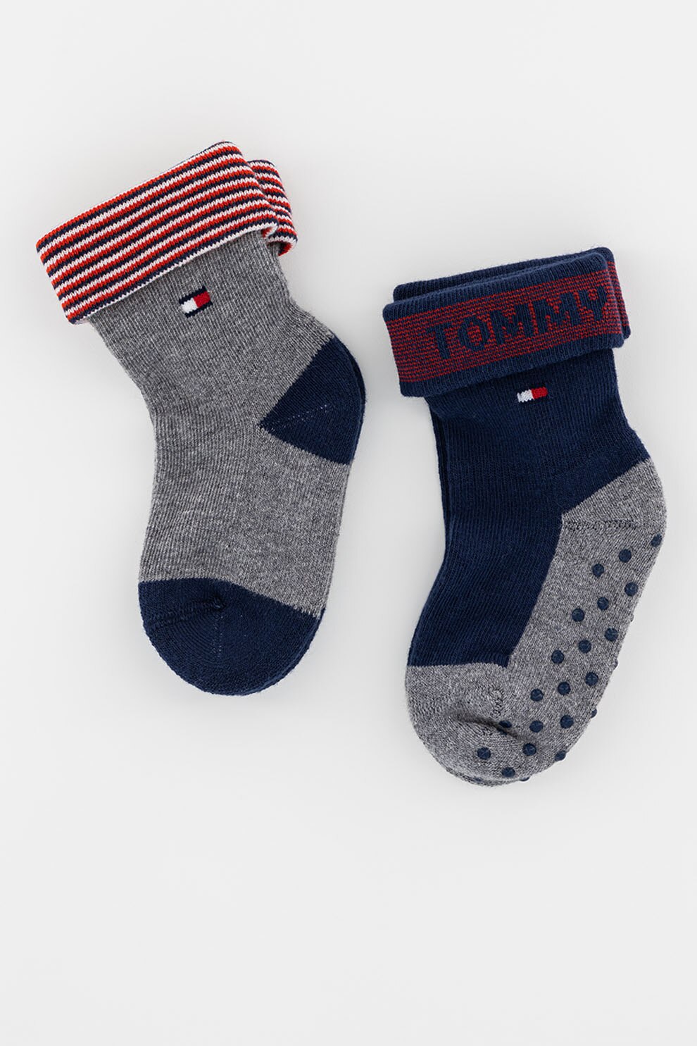 Tommy Hilfiger, Set de sosete cu logo si margine pliabile - 2 perechi, Gri melange/Bleumarin