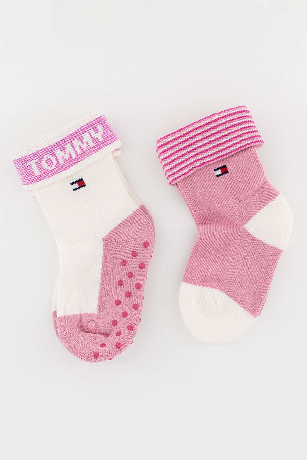 Tommy Hilfiger, Set de sosete cu logo si margine pliabile - 2 perechi, Alb/Roz