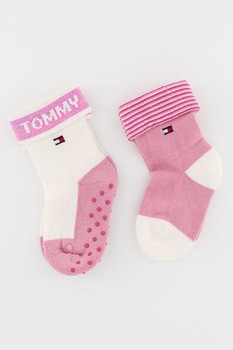 Tommy Hilfiger, Set de sosete cu logo si margine pliabile - 2 perechi, Alb/Roz Tommy Hilfiger, Set de sosete cu logo si margine pliabile - 2 perechi, Alb/Roz