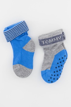 Tommy Hilfiger, Set de sosete cu logo si margine pliabile - 2 perechi, Gri melange/Albastru Tommy Hilfiger, Set de sosete cu logo si margine pliabile - 2 perechi, Gri melange/Albastru