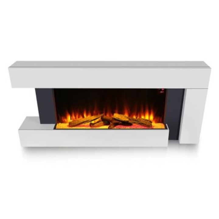 Semineu Electric de Perete, cu WIFI, Luminozitate Reglabila LED, 7 Culori Flacara, Busteni Inclusi, Functii Smart, Sunet de Foc, 1000W/2000W, Alb, Safecare