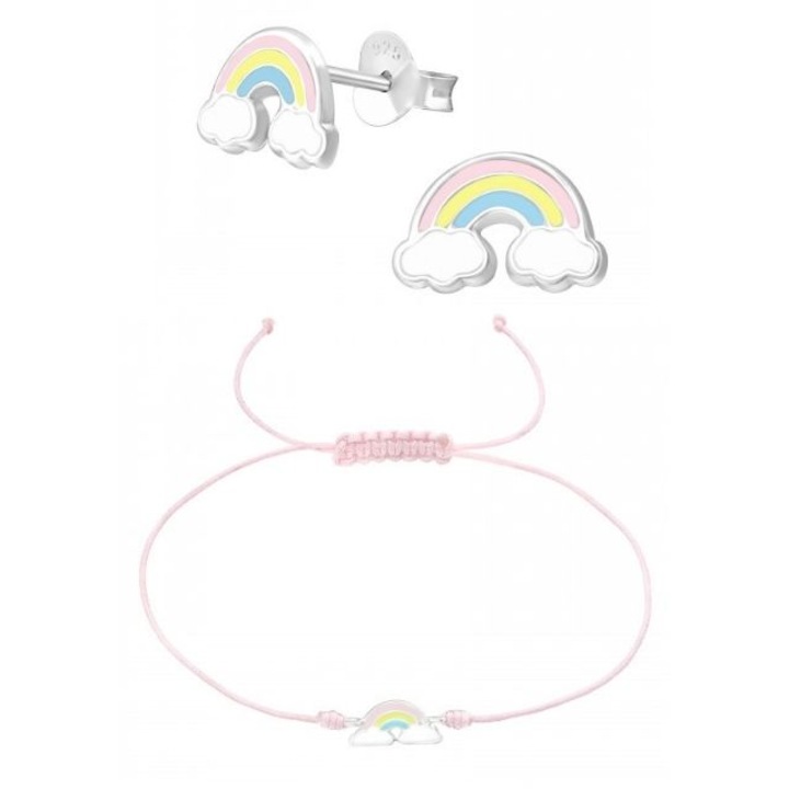 Set Cercei si Bratara cu snur Rainbow Light, din argint 925, culoare argintiu, cutie bijuterii inclusa