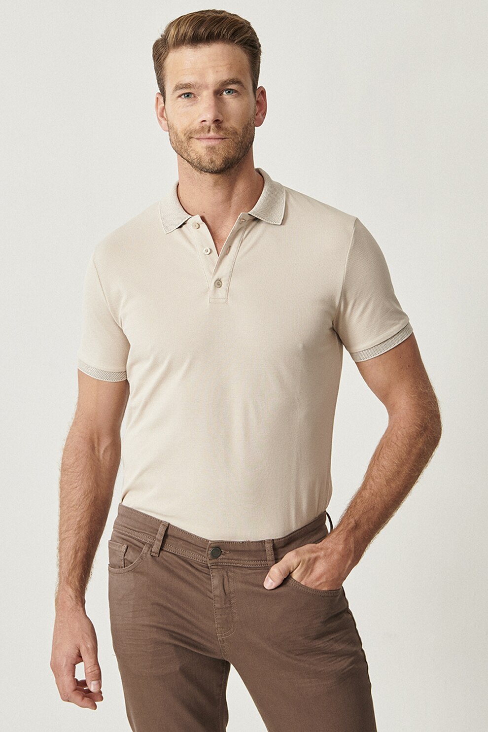 AC&Co, Tricou polo slim fit de bumbac, Maro nisip