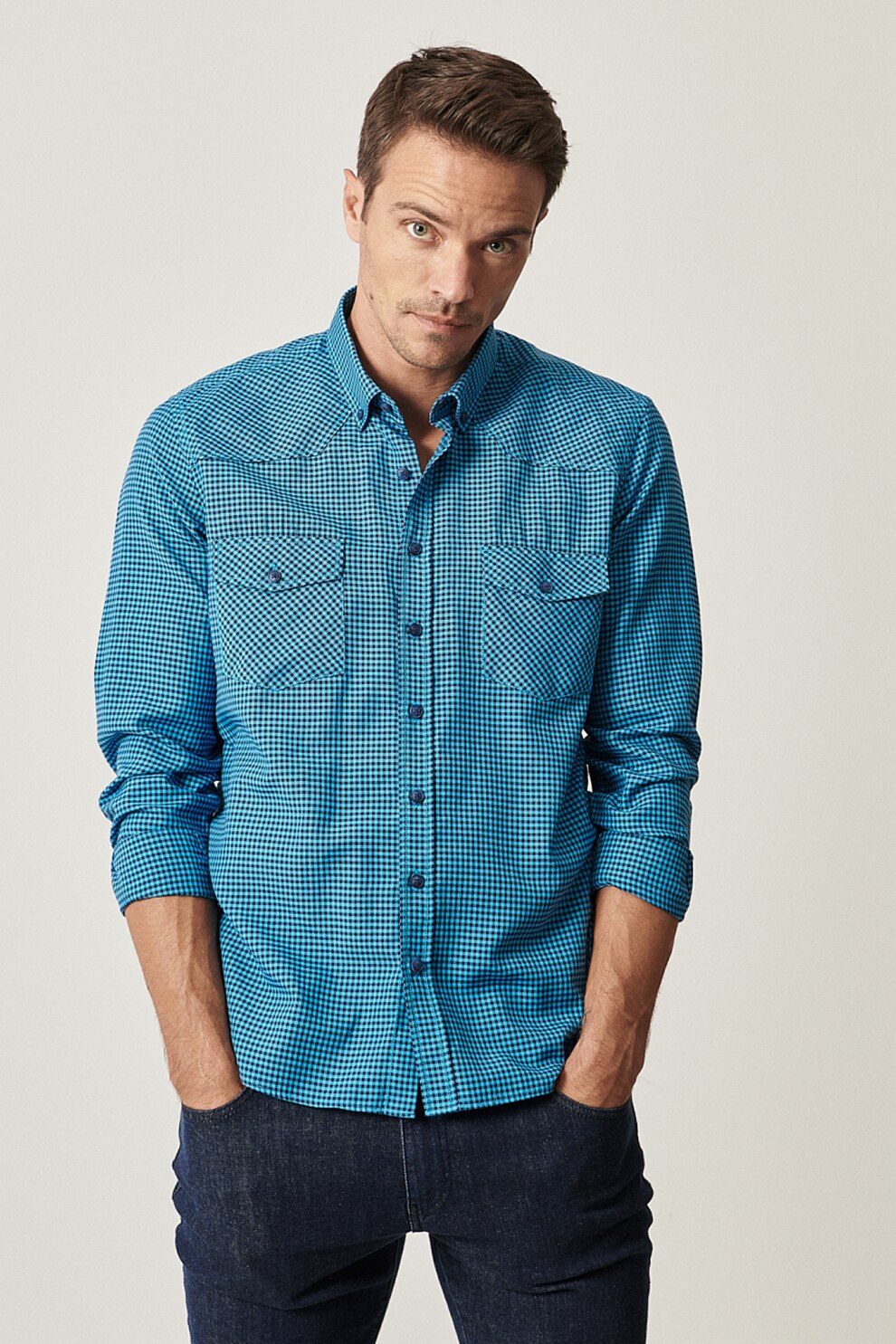 AC&Co, Camasa slim fit in carouri si buzunare pe piept, Albastru inchis