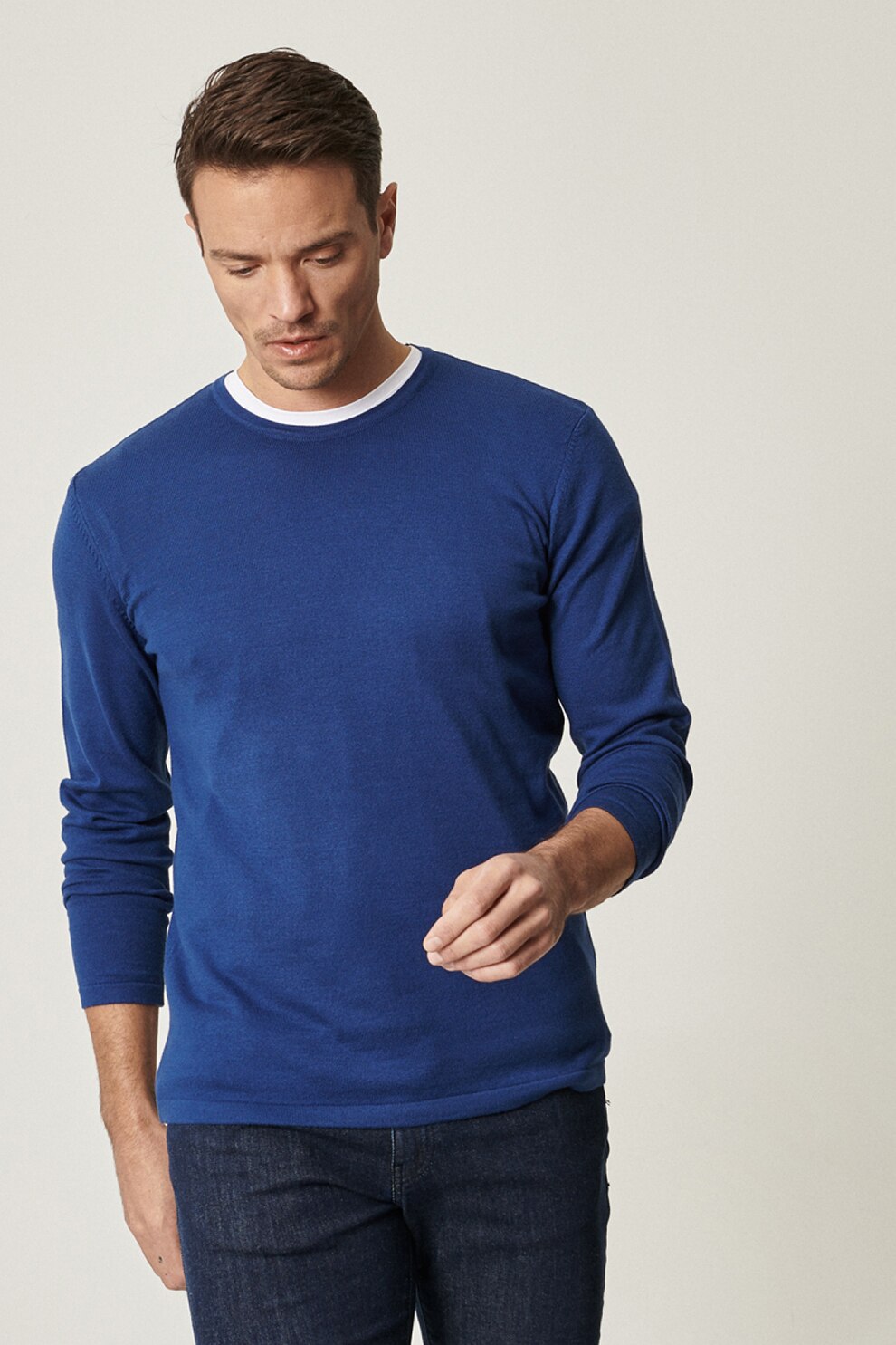 AC&Co, Pulover din amestec de bumbac cu decolteu rotund, Indigo