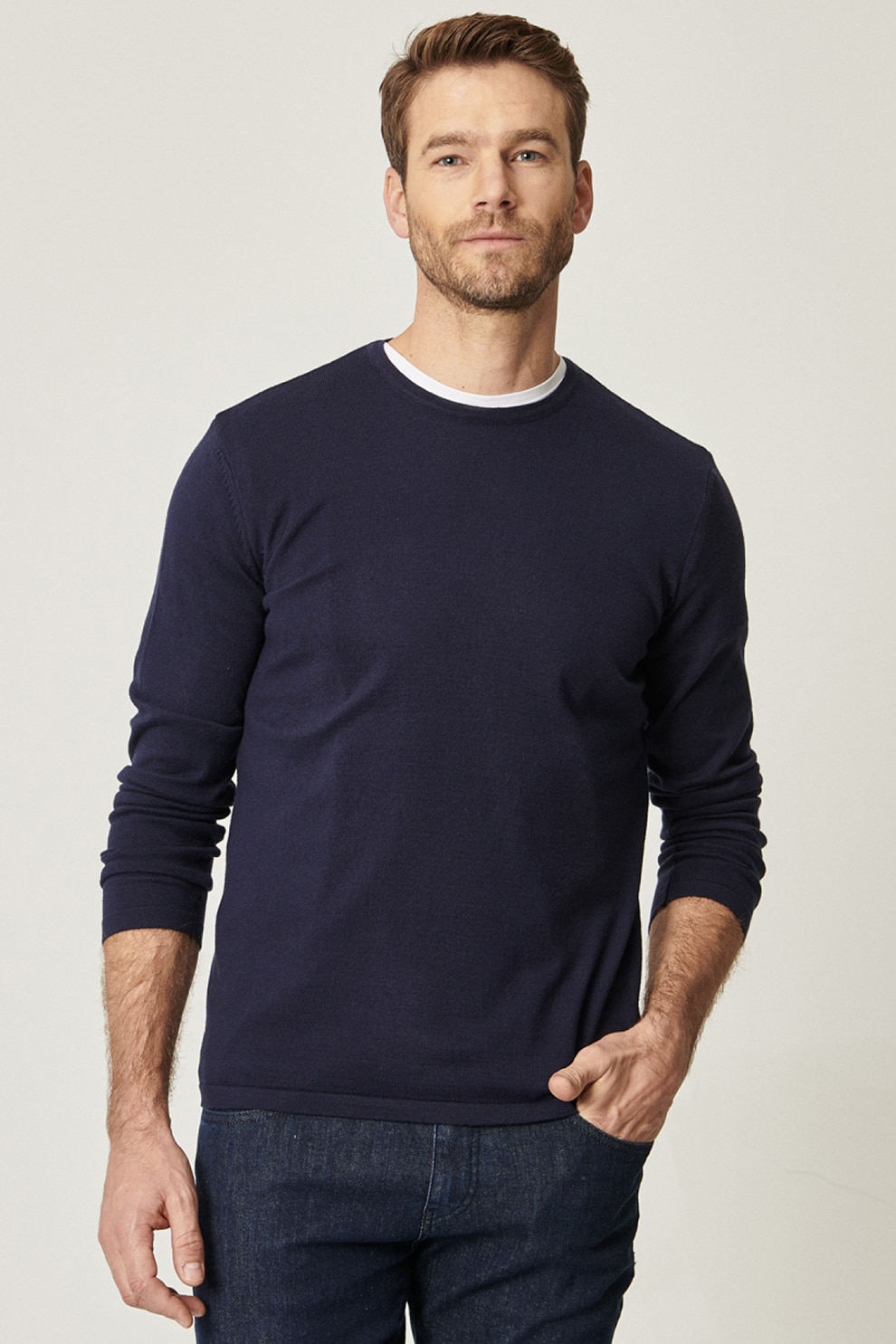 AC&Co, Pulover din amestec de bumbac cu decolteu rotund, Bleumarin