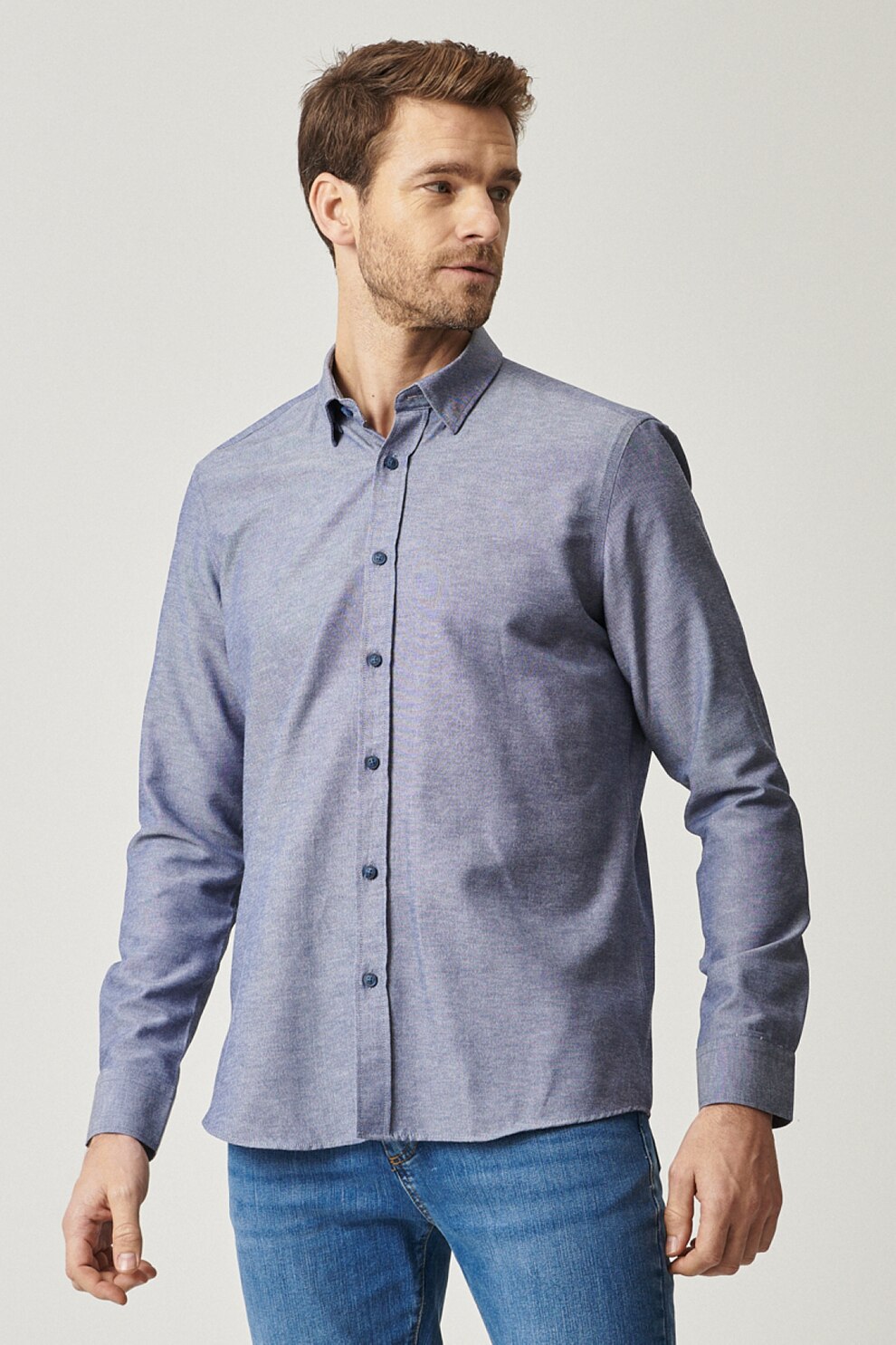AC&Co, Camasa din amestec de bumbac cu nasturi, Albastru melange