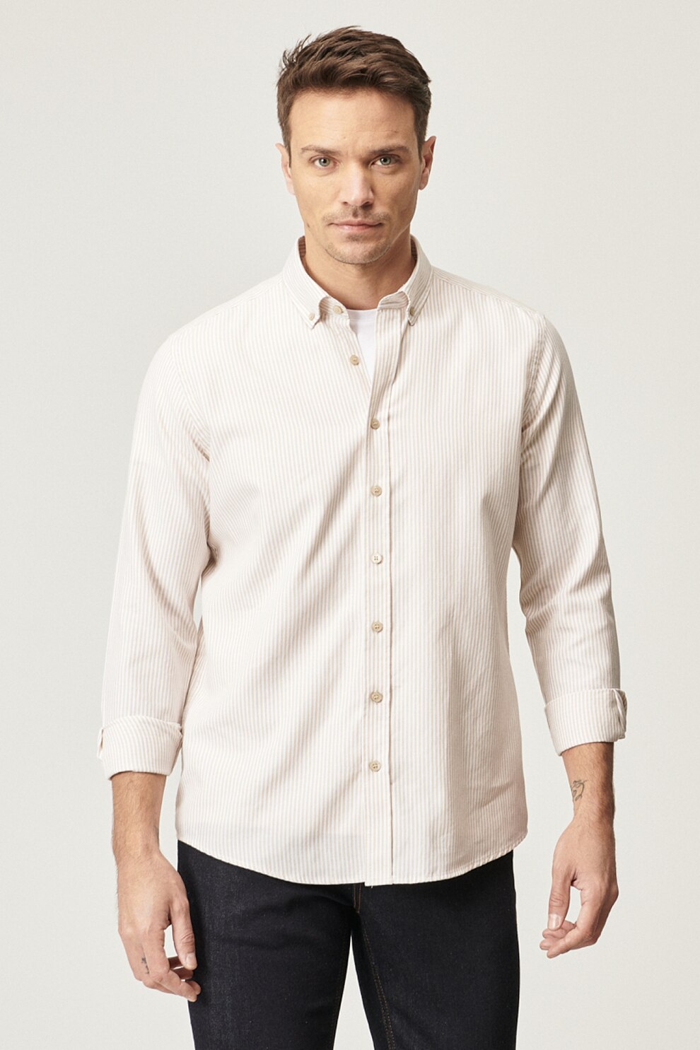 AC&Co, Camasa cu guler cu nasturi, Bej deschis/Alb