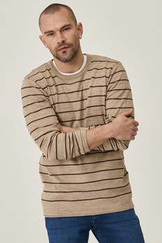 AC&Co, Pulover cu model in dungi si aspect de tricot fin, Maro camel/Maro inchis AC&Co, Pulover cu model in dungi si aspect de tricot fin, Maro camel/Maro inchis