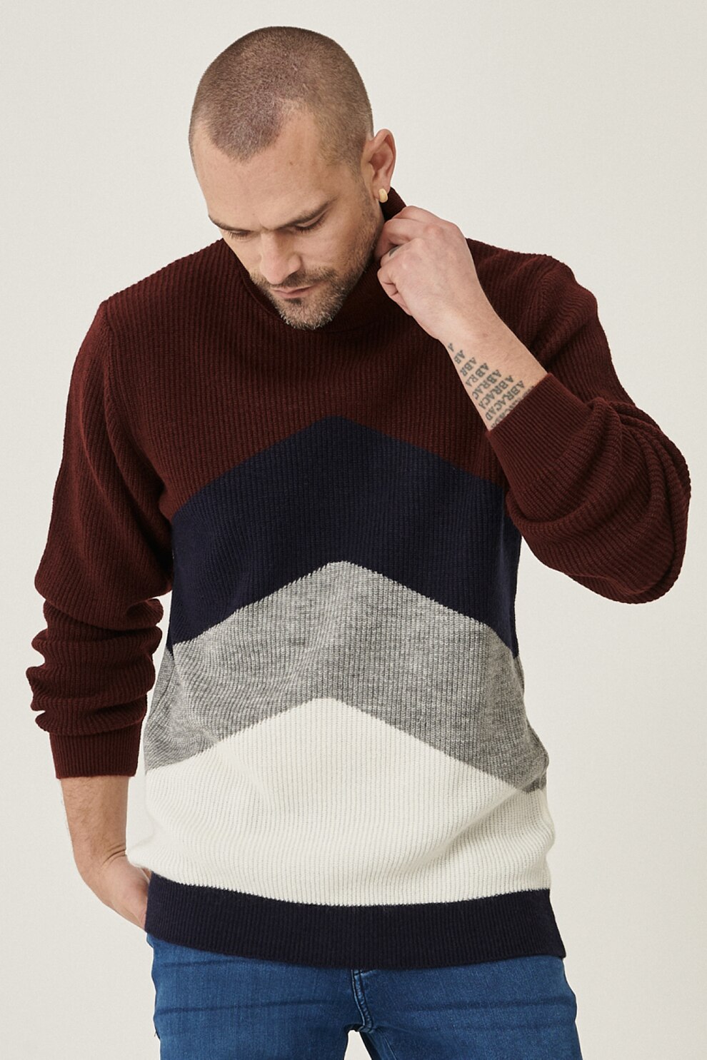 AC&Co, Pulover colorblock cu guler inalt, Bordeaux/Bleumarin/Gri melange