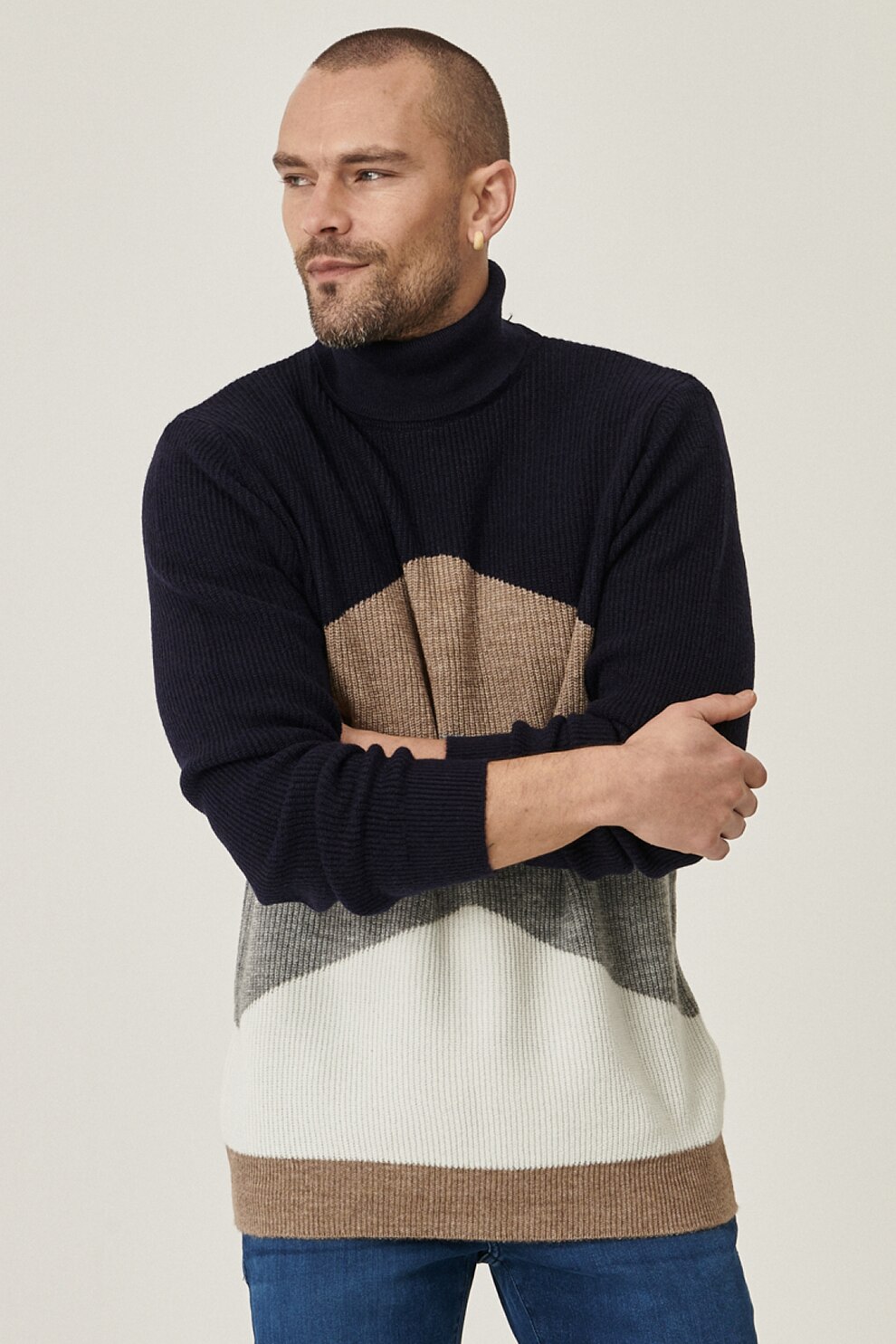 AC&Co, Pulover colorblock cu guler inalt, Bleumarin inchis/Taupe/Gri melange