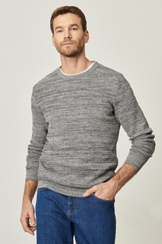 AC&Co, Pulover cu decolteu la baza gatului si aspect texturat, Gri melange/Bleumarin inchis AC&Co, Pulover cu decolteu la baza gatului si aspect texturat, Gri melange/Bleumarin inchis