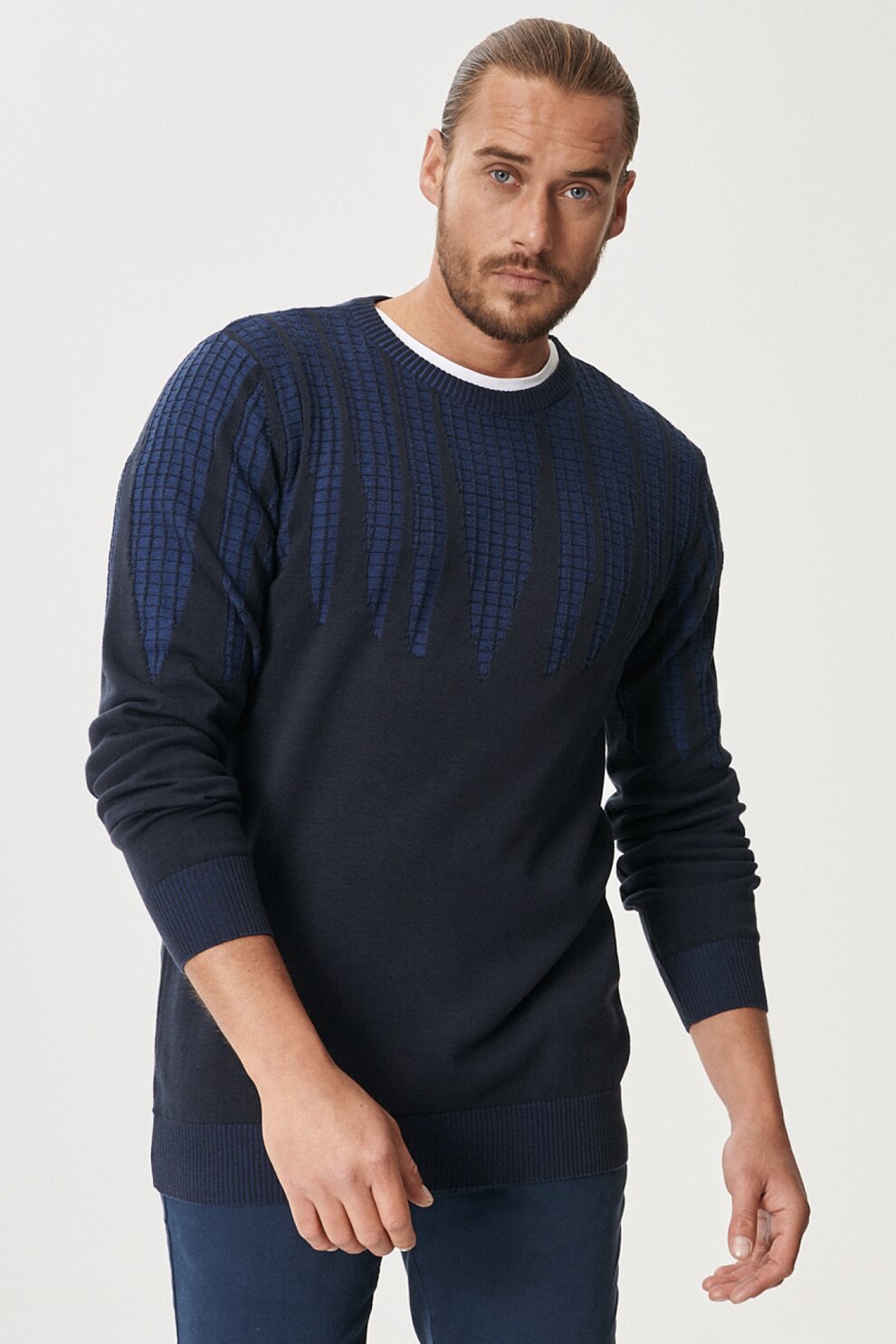 AC&Co, Pulover regular fit cu decolteu la baza gatului, Bleumarin inchis/Albastru indigo